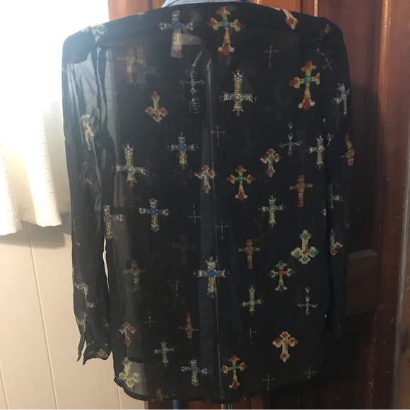 New ! Fun & Flirt Black Patterned Sheer Blouse - Size Small - Picture 3 of 5